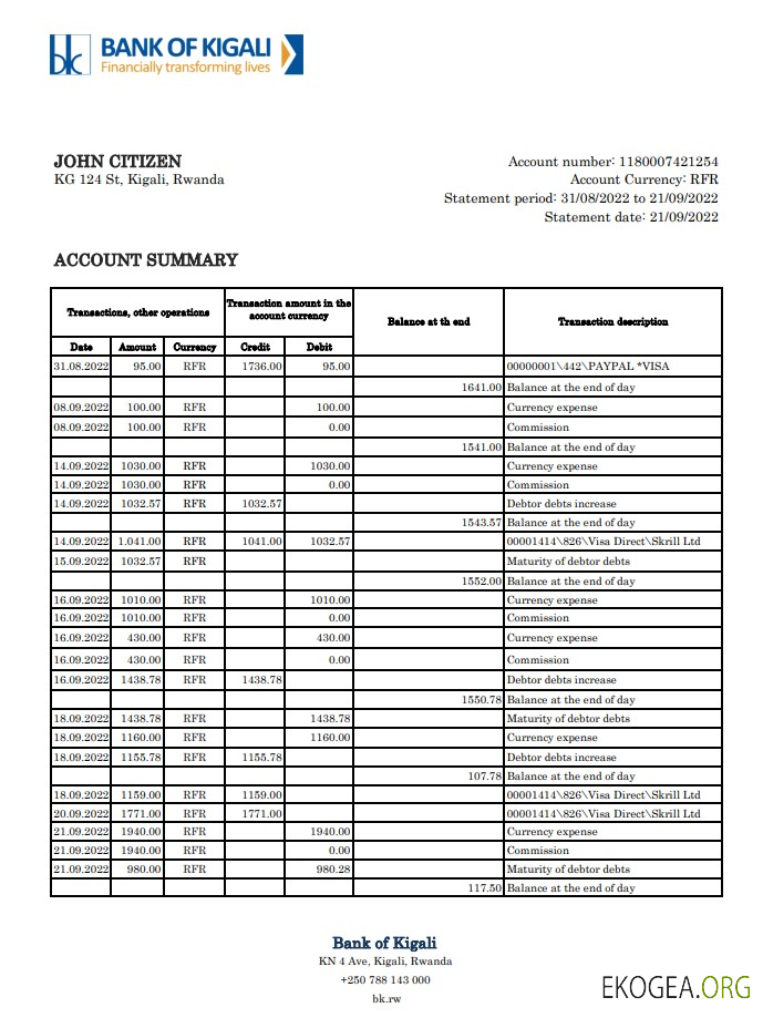Relevé bancaire de la Banque Rwandaise de Kigali